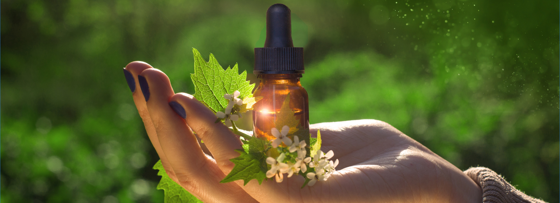 Frasco de esencias florales sostenido sobre una mano, Terapias Naturales en Mueve Salud